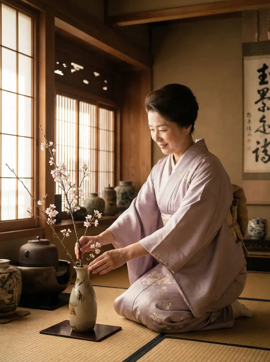 一位优雅的 免费黄色软件-顶级资源站|全部免费|高清视频资源 在和室中插花